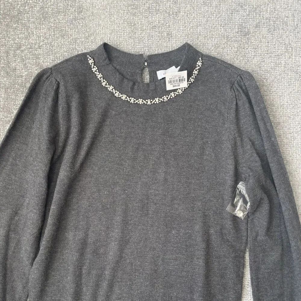 Liz Claiborne Sweater Womens XS Grey Crystal Pearl Detail Soft Knit Top NEW - Picture 2 of 9